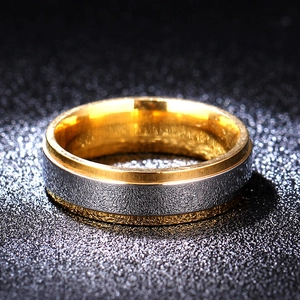 Polished two-tone 316L titanium steel ring with gold edges and silver frosted center