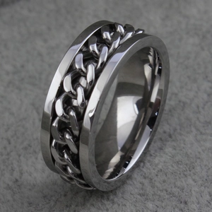Bague rotative en acier titane argenté avec chaîne cubaine pour homme, style moderne