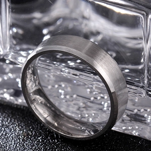 Macro view of brushed 316 titanium steel ring with polished beveled edges and inner band