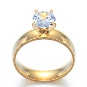 Titanium steel gold plated couple ring with large round solitaire cubic zirconia setting