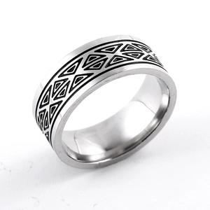 Detailaufnahme 8mm Edelstahlring mit schwarzen geometrischen Dreiecksmustern im Fokus