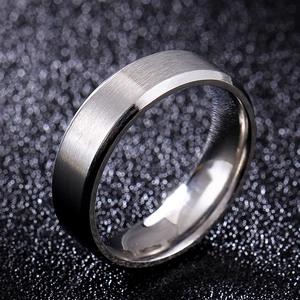 Macro shot of brushed silver stainless steel ring with polished beveled edges