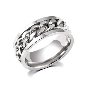 Detailed macro view of the silver titanium steel ring with industrial cuban chain design