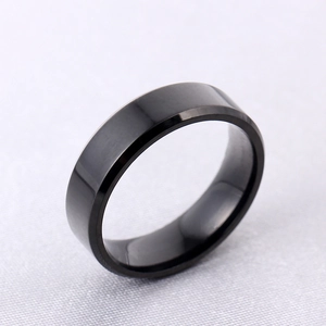 Close-up of a wide black polished stainless steel ring with elegant beveled edges