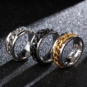 Three-piece set of silver, black, and gold titanium steel chain rings for men and women