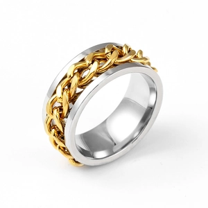 Silver stainless steel band ring featuring a gold cuban link chain inlay for couples