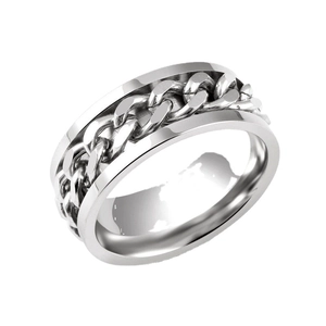 Polished silver stainless steel Cuban link chain ring with modern industrial design