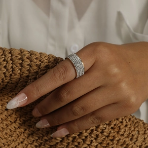 Classic gold stainless steel ring with five rows of pavé crystals for brides