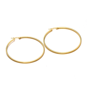Polished golden stainless steel large hoop earrings with secure latch closure for women