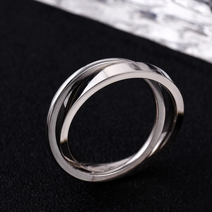 Detail of interlocking triple bands in polished silver stainless steel with minimalist style