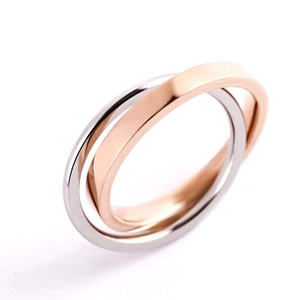 Detail of interlocking silver and rose gold polished stainless steel rings