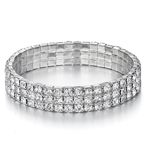 Three-row silver rhinestone elastic bracelet for brides with sparkling crystals