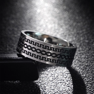 Bague vintage 8mm en acier inoxydable pour homme avec motif grec gravé noir
