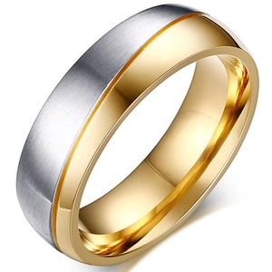 Bague bicolore pour couple avec finition argentée brossée et bords polis miroirs dorés