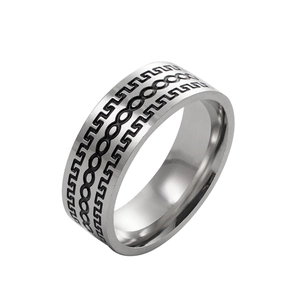 Bague homme vintage 8mm en acier inoxydable avec motif grec et maillons de chaîne noirs
