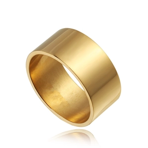 Polished 10mm wide gold stainless steel band ring with reflective mirror finish