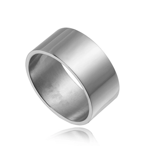 Macro detail of 10mm wide silver titanium steel ring with polished flat surface