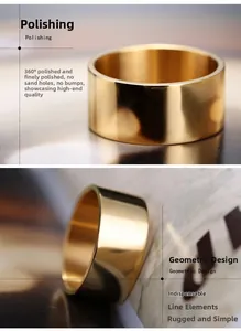 Detail of 10mm wide gold ring showing 360-degree mirror polish and geometric design