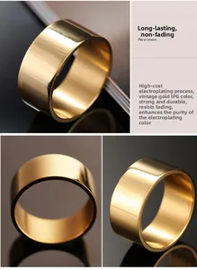 Detailed views of 10mm wide gold IPG plated titanium steel ring with polished finish