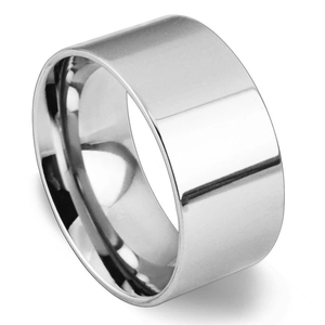 Detailed view of 10mm wide flat mirror-polished silver stainless steel band ring