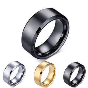 8mm beveled edge titanium steel rings in black, gold and silver brushed finish