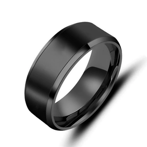 Men's 8mm black titanium steel ring with double bevel edges and a polished inner finish