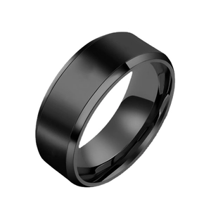 Polished black 8mm titanium steel ring for men with beveled edges and glossy finish