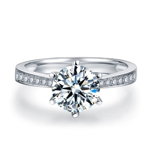 Elegant six-prong crown solitaire ring with brilliant round zircon and side accents