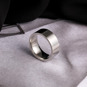 Macro shot of 8mm polished silver stainless steel band showing smooth metallic texture