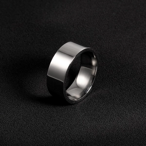 Polished 8mm flat edge stainless steel ring with silver metallic finish on black background