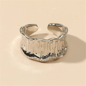 Minimalist silver open ring with irregular lava texture and liquid metal fluid design