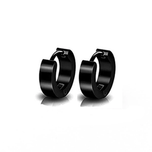 Close-up of a pair of black stainless steel hinged hoop earrings with a polished finish