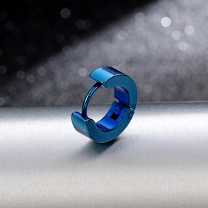 Close-up of a minimalist blue electroplated stainless steel hoop earring for men