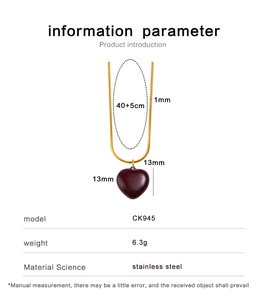 Detailed view of red enamel heart pendant on a gold snake chain with size dimensions