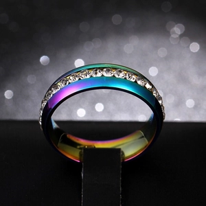 Luxury rainbow plated stainless steel ring with white cubic zirconia row inlay