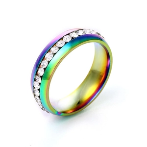 Luxury rainbow plated stainless steel ring with full sparkling circular zircon stones