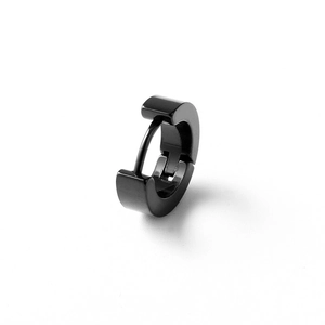 Detail of polished black stainless steel huggie earring with hinge mechanism and mirror finish