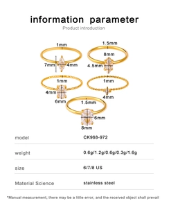 Detailed chart of five 18K gold plated stainless steel rings with zircon dimensions and weights
