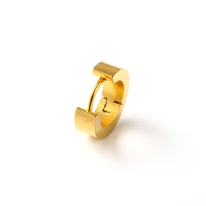 Detailed view of single gold huggie earring with polished rectangular profile and hinge