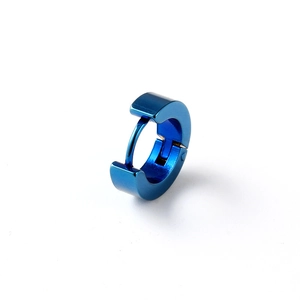 Detail of blue electroplated stainless steel hoop earring with a hinged snap closure