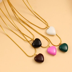 Golden snake chain heart pendant necklaces in five colors including green and pink