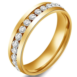 Elegant gold plated eternity ring featuring channel set round white zircon stones