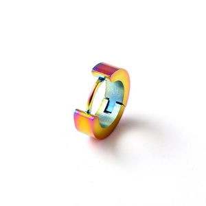 Macro view of rainbow plated stainless steel hoop earring with smooth gradient finish