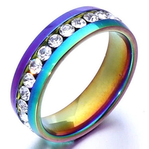 Rainbow gradient plated metal ring featuring a full circle of sparkling crystal rhinestones