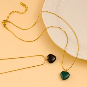 18K gold plated snake chain necklace with 3D heart pendants in black and dark green enamel
