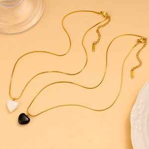 18K gold-plated snake chain necklaces with black and white 3D heart-shaped enamel pendants