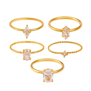 5-piece 18K gold plated stainless steel ring set with zircon marquise and oval stones