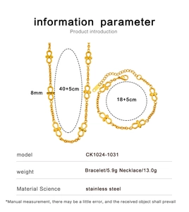 Parametri dettagliati di dimensioni e peso del set di gioielli in acciaio dorato