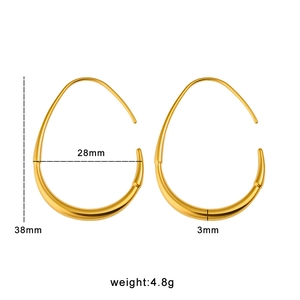 Golden teardrop hoop earrings in polished stainless steel with dimensions 38x28mm