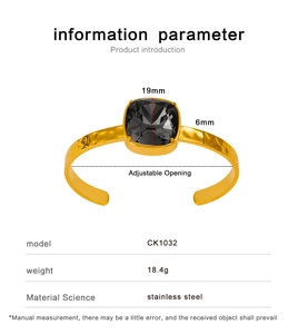 Size specifications of a gold C-shape stainless steel bangle with square grey gemstone